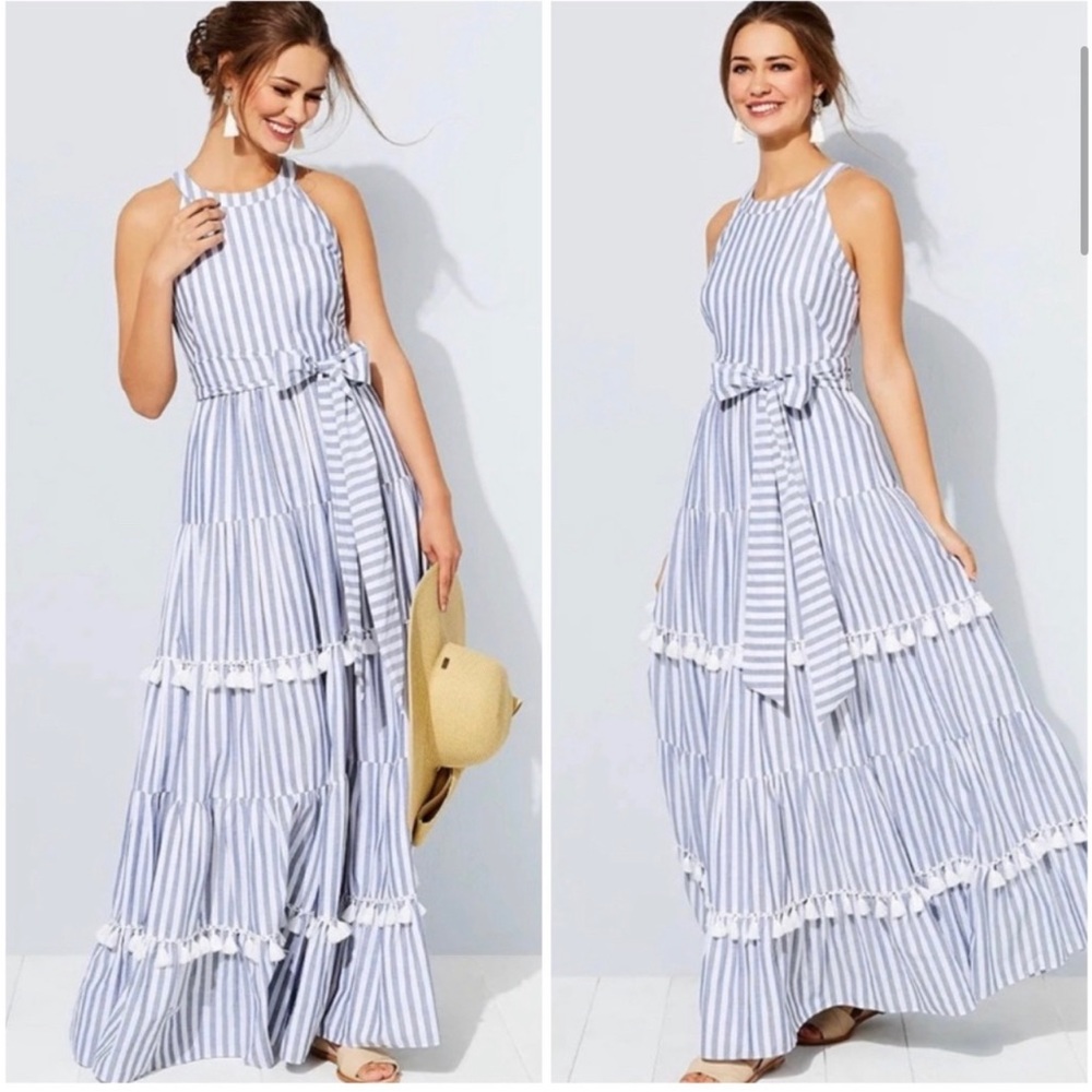 Eliza J Tiered Tassel Fringe Cotton Maxi Dress - Size 6 NWT